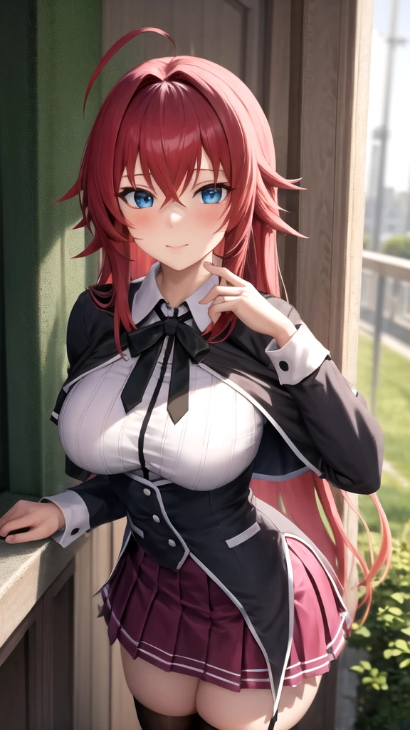 ((masterpiece, best quality)), insaneres, absurdres, solo, looking at viewer, 
ANIME_DxD_Rias_Gremory_ownwaifu, 
1girl, bangs, long hair, red hair, breasts, large breasts, rias gremory, blue eyes, hair between eyes, very long hair, collarbone, hair intakes,  hair over breasts, 
black capelet, black corset, collared shirt, kuoh academy school uniform, layered skirt, underbust, school uniform, skirt, shirt, long sleeves, purple skirt, ribbon, miniskirt, neck ribbon, thighhighs, black ribbon, 
(portrait, close-up)depth of field, vanishing point, garden, sidelighting,