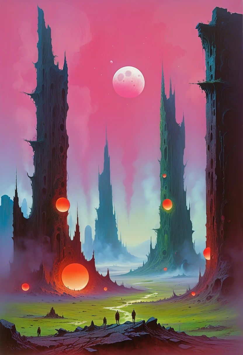 Acrylic Painting a vivid scifi illustration of landscape of a deserted planet with three moons of different sizes, ruins of a fantastic city in the style of the painter ZdzisBaw BeksiDski, ral-lava,