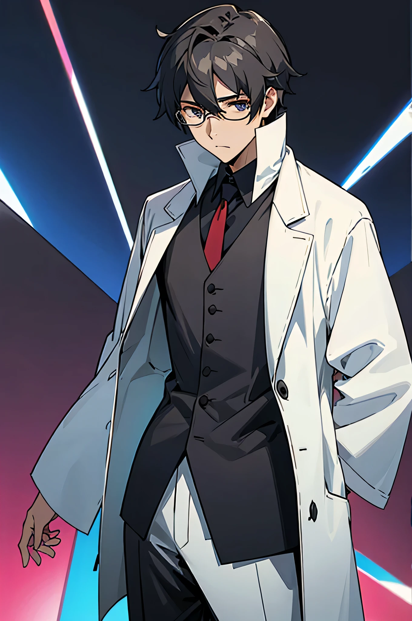 male, black hair, labcoat, glasses,