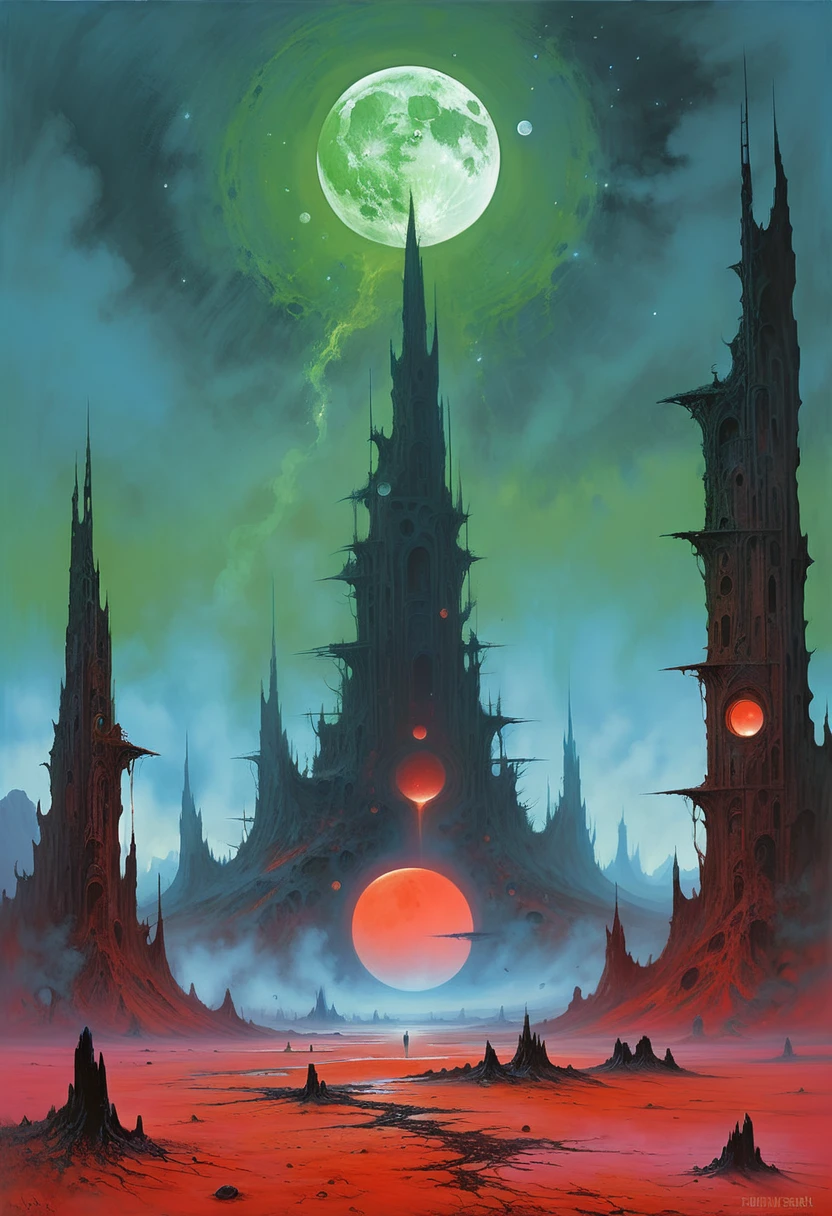 Acrylic Painting a vivid scifi illustration of landscape of a deserted planet with three moons of different sizes, ruins of a fantastic city in the style of the painter ZdzisBaw BeksiDski, ral-lava,