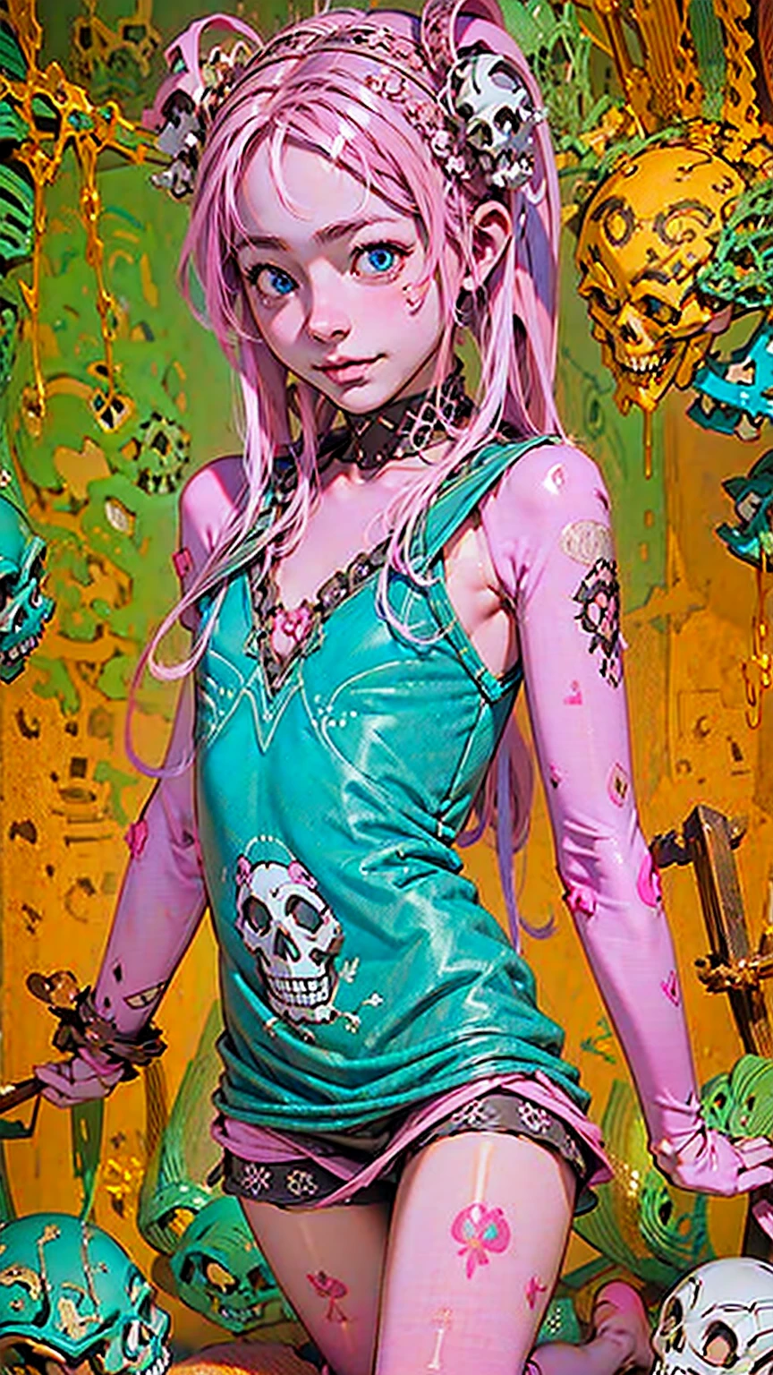 Beautiful Catrina Rose Crown, hair ornaments、Earrings、tattoo、good_punk, 1人のgirl, alone,、Highest quality, Realistic, Some very detailed illustrations, 美しい魅力的なアニメのgirl,(Mini Dress:1.4), miku hatsune, Slim body, Tied Hair,(Pink Hair:1.4),girl, Photo of, Full Body Shot, Beautiful Blue Eyes:1.4, Converted,Arete、hair ornaments、gem、miku hatsune、(Skull Knight Graveyard Wallpaper:1.4), Unreal Engine:1.4,Ultra-high resolution,Best Quality:1.4, Realistic:1.4, Skin Texture:1.4, masterpiece:1.8,(detailed:1.4),
