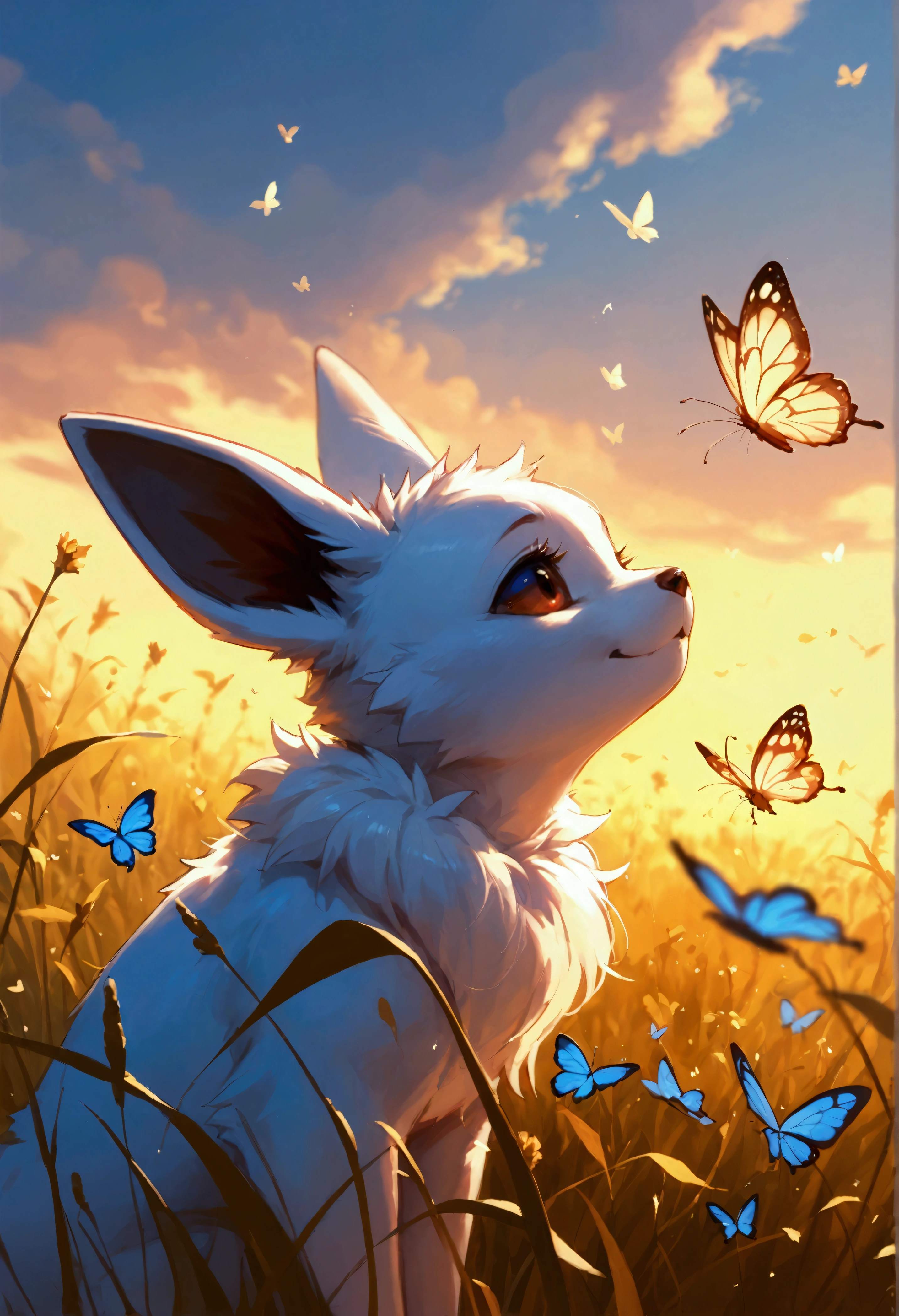 score_9, score_8_up, score_7_up, close-up, Eevee, chasing a butterfly in a meadow, cheerful and playful energy, dynamic movement.