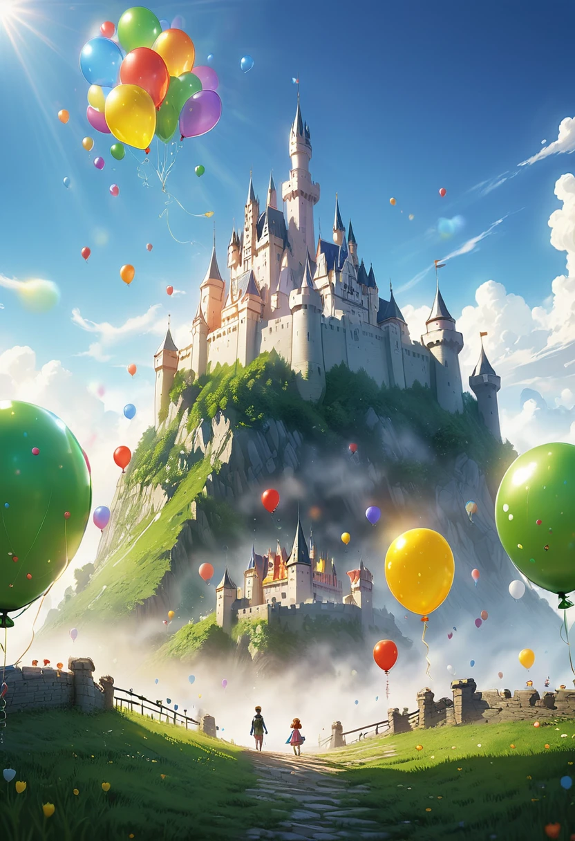 Masterpiece、A hyper-realistic、Highly detailed background，Realistic，ultra-detailliert，super detailed skin，light glow，Film grain，Expro II，Lens Flare，Sharpen，cinematic shadow、((A castle with countless balloons floating in the sky)):1.9