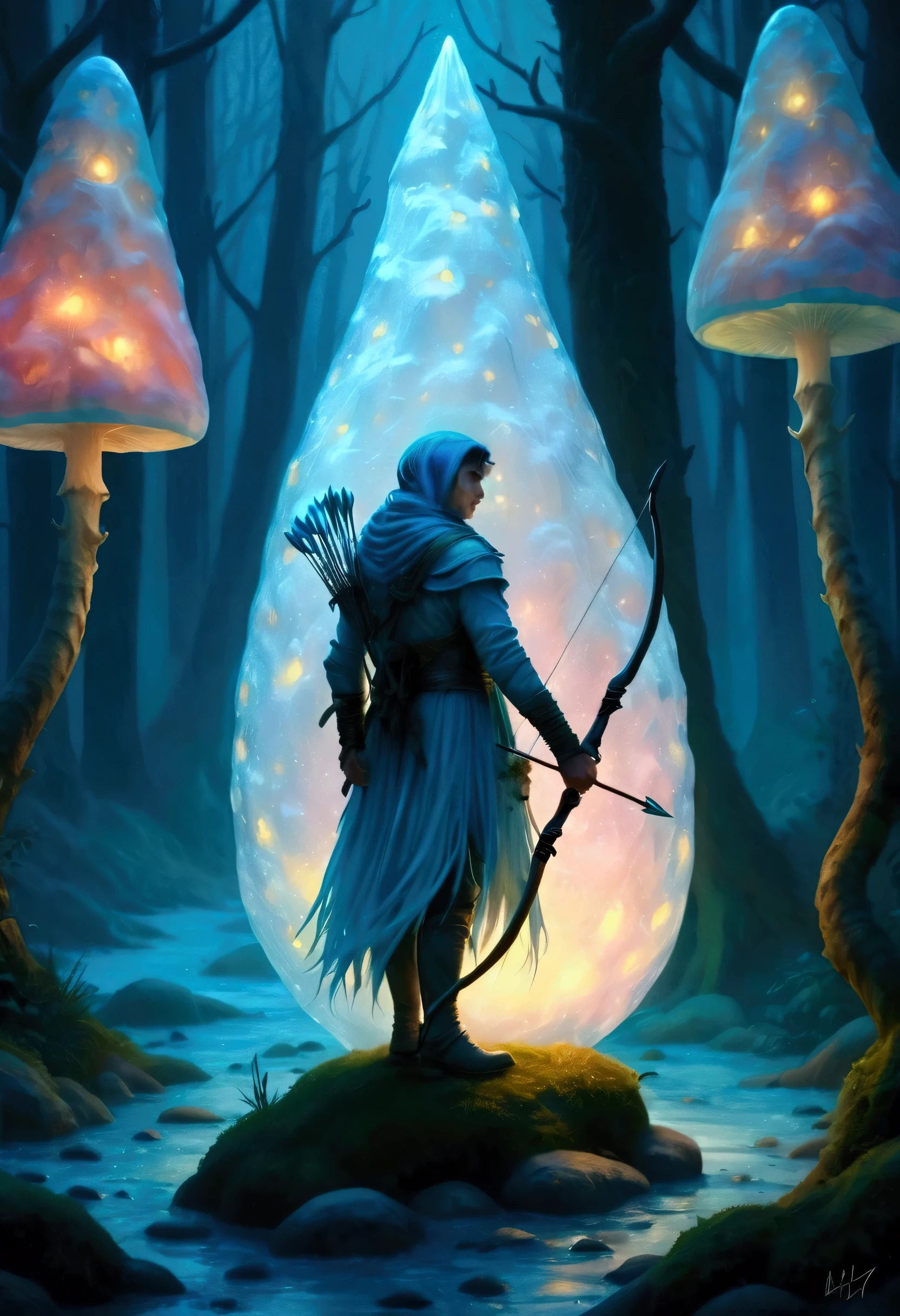 a beautiful tall male ice-elf on a forest path at twilight standing on an incredibly large bio luminous ice-mushroom holding a bow and arrow, Ultra detailed illustration of a person lost in a magical world of wonders, glowy, translucent, transparent, bioluminescent flora, incredibly detailed, pastel colors, handpainted strokes, visible strokes, oil paint, art by Mschiffer, night, bioluminescence