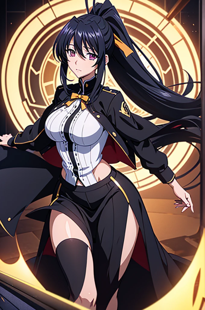 An 8K 3D CGI image of a manga-style medium shot of the High School DxD character Akeno Himejima. Akeno is an attractive and voluptuous-looking woman with very long, floor-length black hair and a ponytail tied with a yellow ribbon, violet eyes, and a generous bust. She wears a school uniform with a short black coat and a white t-shirt enclosed in a stylized gold chrome circle. Akeno is in front of the stylized "ANIME HOUSE!" logo. The background is a blue sky with floating anime-style text "AH!".