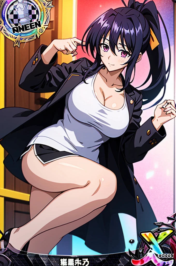 An 8K 3D CGI image of a manga-style medium shot of the High School DxD character Akeno Himejima. Akeno is an attractive and voluptuous-looking woman with very long, floor-length black hair and a ponytail tied with a yellow ribbon, violet eyes, and a generous bust. She wears a school uniform with a short black coat and a white t-shirt enclosed in a stylized gold chrome circle. Akeno is in front of the stylized "ANIME HOUSE!" logo. The background is a blue sky with floating anime-style text "AH!".