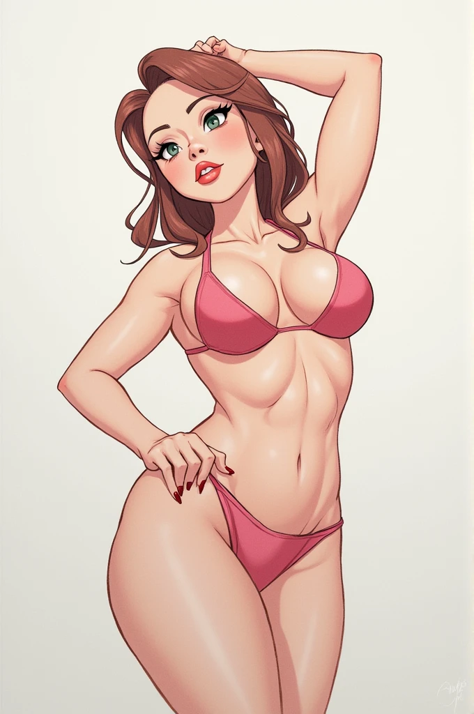 one japanse girl sit on the floor wearing a patterned pink bikini, simple light, uncontrasted, textured flat background, 30 years old, latina face, large body, mature, long curly hair, glamour, maquiagem, Lips are soft or colored, , silhuetas simples, provocador, toothy smile,