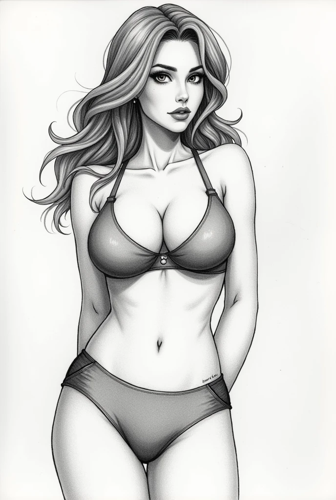 Create a line drawing in the Kulen style (Semi-realistic style) with a typical Brazilian woman with a golden skin tone of 3/with 4 angles, to make it look like a sexual innuendo