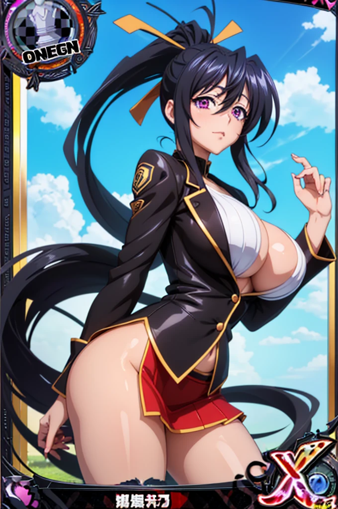 An 8K 3D CGI image of a manga-style medium shot of the High School DxD character Akeno Himejima. Akeno is an attractive and voluptuous-looking woman with very long, floor-length black hair and a ponytail tied with a yellow ribbon, violet eyes, and a generous bust. She wears a school uniform with a short black coat and a white t-shirt enclosed in a stylized gold chrome circle. Akeno is in front of the stylized "ANIME HOUSE!" logo. The background is a blue sky with floating anime-style text "AH!".