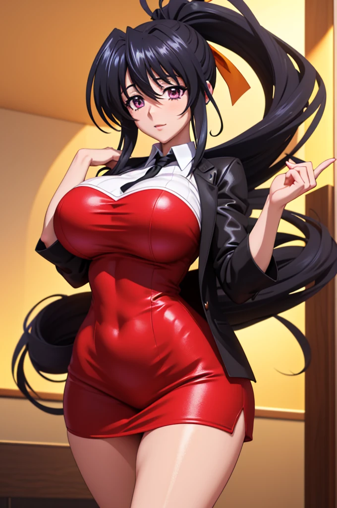 An 8K 3D CGI image of a manga-style medium shot of the High School DxD character Akeno Himejima. Akeno is an attractive and voluptuous-looking woman with very long, floor-length black hair and a ponytail tied with a yellow ribbon, violet eyes, and a generous bust. She wears a school uniform with a short black coat and a white t-shirt enclosed in a stylized gold chrome circle. Akeno is in front of the stylized "ANIME HOUSE!" logo. The background is a blue sky with floating anime-style text "AH!".