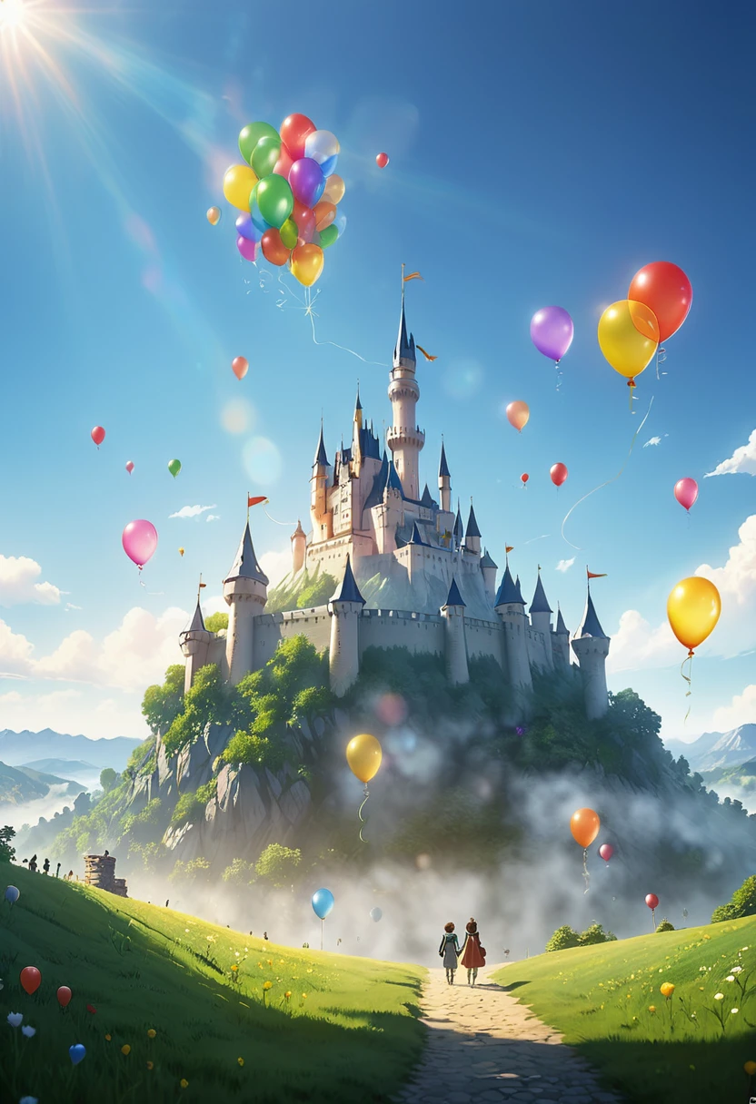 Masterpiece、A hyper-realistic、Highly detailed background，Realistic，ultra-detailliert，super detailed skin，light glow，Film grain，Expro II，Lens Flare，Sharpen，cinematic shadow、((A castle with countless balloons floating in the sky)):1.9