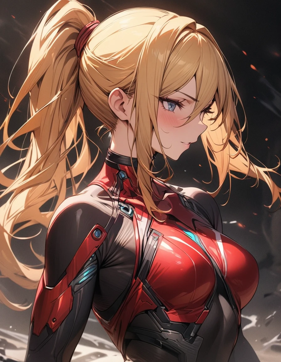 1girl ,  long blonde hair  , sharp asian blue eyes , wearing red sci fi armour , shallow depth of field , (studio photography) , cinematic lighting, gorgeous shot,portrait shot, ((looking at viewer)), slight smile, simple backround, upper body shot, dark background, menacing stare, full body view