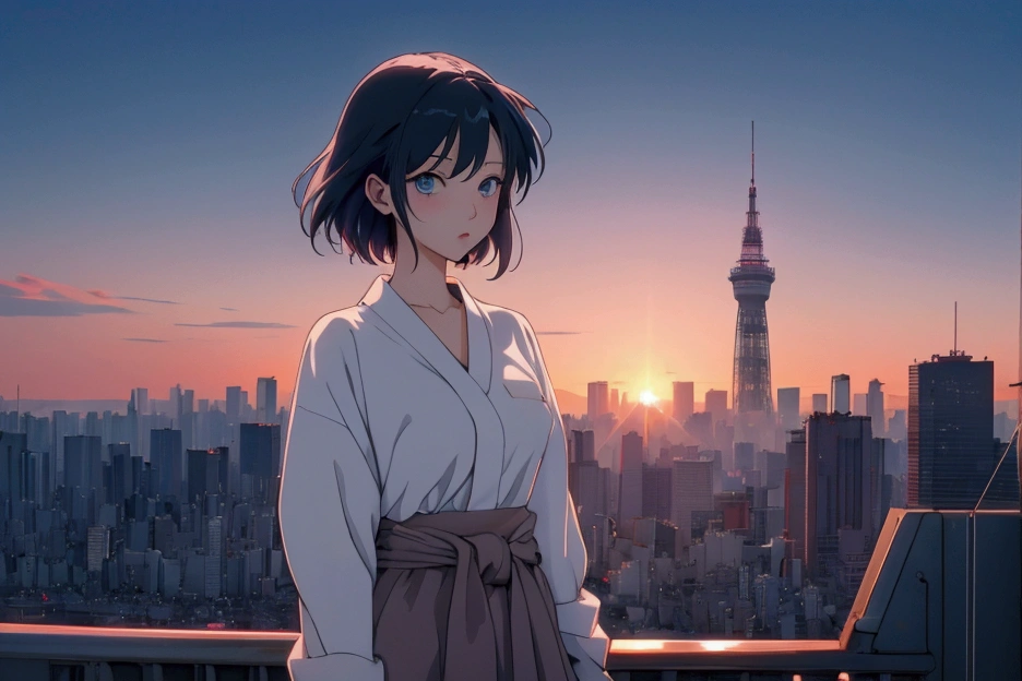 rukia from bleach full body protrat sitting on a hill watching over a tokyo at night turning here face to look at u wile smiling