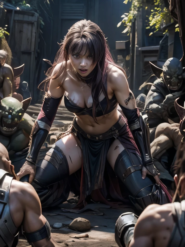 Highest quality、Captured by mutants、Surrounded by mutants、defeat、Beautiful woman with very long purple hair、White Armor（Small chest、Cleavage、Off the shoulder、Sleeveless、No elbow pads、belly button、High Leg、Exposed thighs）、White Armorのブーツ、Tears overflow、Frightened expression、run away、Attacked by mutants 1:5、Many violent mutants 1:5、The mutant grabs him by the arm..　Mutant attacks from behind、Mutant grabs leg、Mutant Swarm 1:5、darkness、Different world、Dark fantasy、Pitch Black Hell