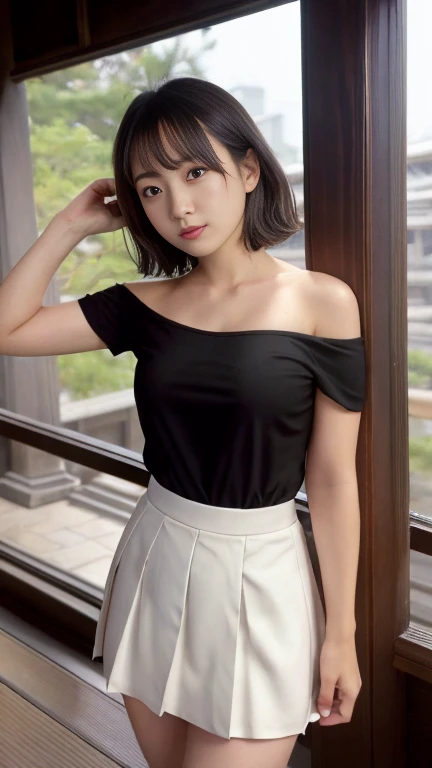 One girl,summer,Inside the room,Bed,Standing,Black Hair,Short Bob,Put your hair on your ears,Navy blue tank top,skirt,laugh,6th grade elementary school,Class representative type,Pure school,front,Small bulging lines on the chest,Look here,transparent,  Soft Light,(masterpiece, Highest quality), Structure of the film, Like a movie