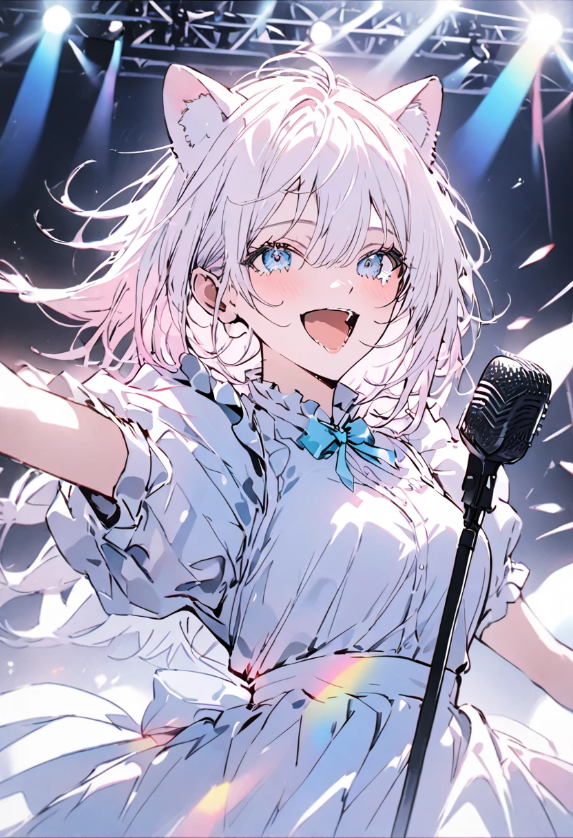 aagawrgura,live,Sing a song,Tears of joy,microphone,Spread your arms,fun,Penlight,Penlight in the background,1girl, hololive, pastel colors, maid,happy,Retirement,bright,Light Masterpiece, best quality, newest, very aesthetic, absurdres, absolutely resolution, ultra detailed, 8k, super fine illustration, highly detailed beautiful face and eyes, perfect anatomy, professional lighting