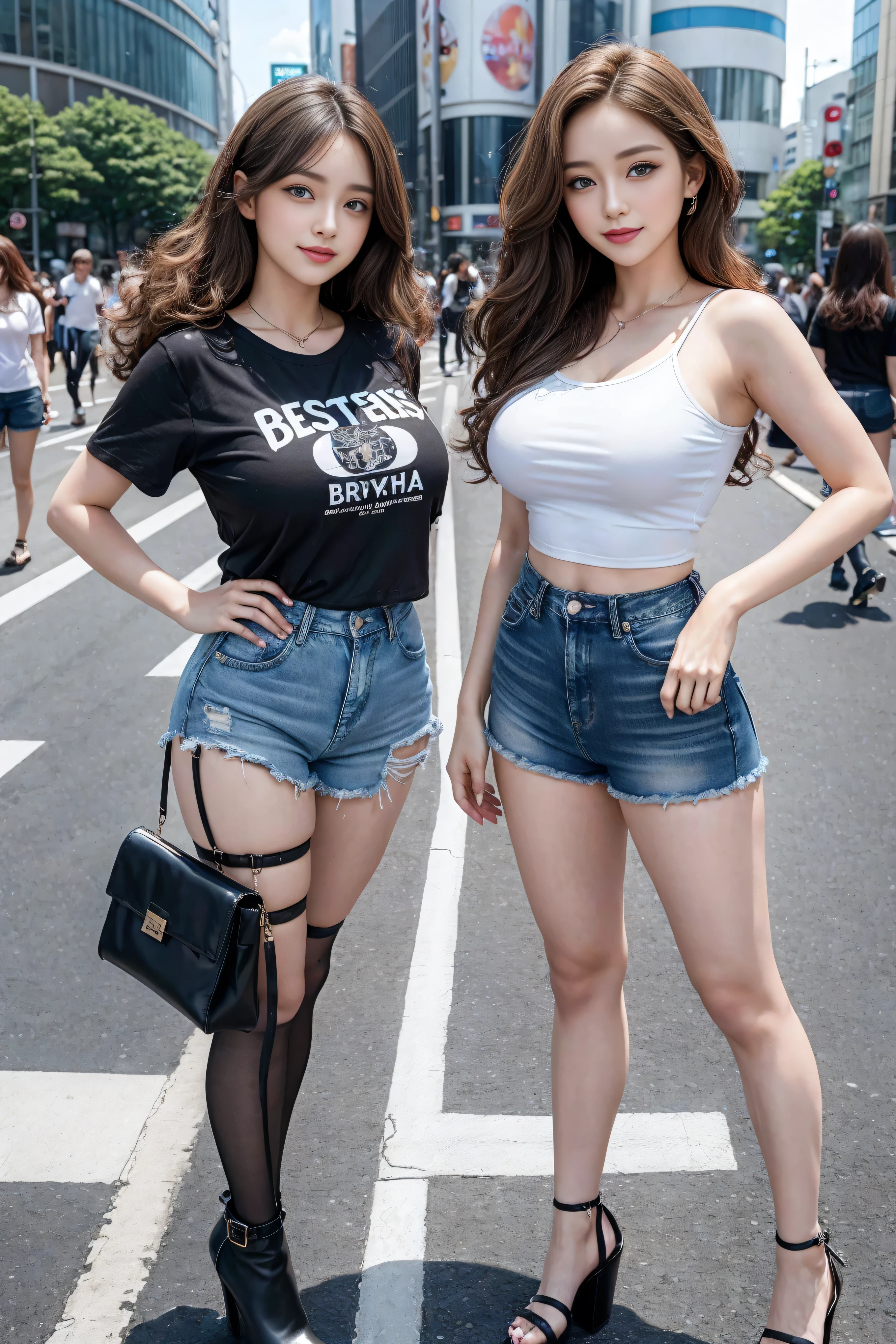 1 girl, (blue eyes), (They smiled), (In the name of Mina), Wide hips, tetas What's the big deals, What's the big deal, (best quality, 8K, masterpiece: 1.3), Perfect hands, Be focused: 1.2, Perfect body beauty: 1.4, Slim abdominal muscles: 1.2, Highly detailed face and skin texture, Exquisite eyes, Double eyelids, (Long blond hair), (Black stand collar T-shirt), (Denim shorts :1.1), (High heel :1.3), Everlasting, Dynamic poses, Background Tokyo Shibuya Crossing.