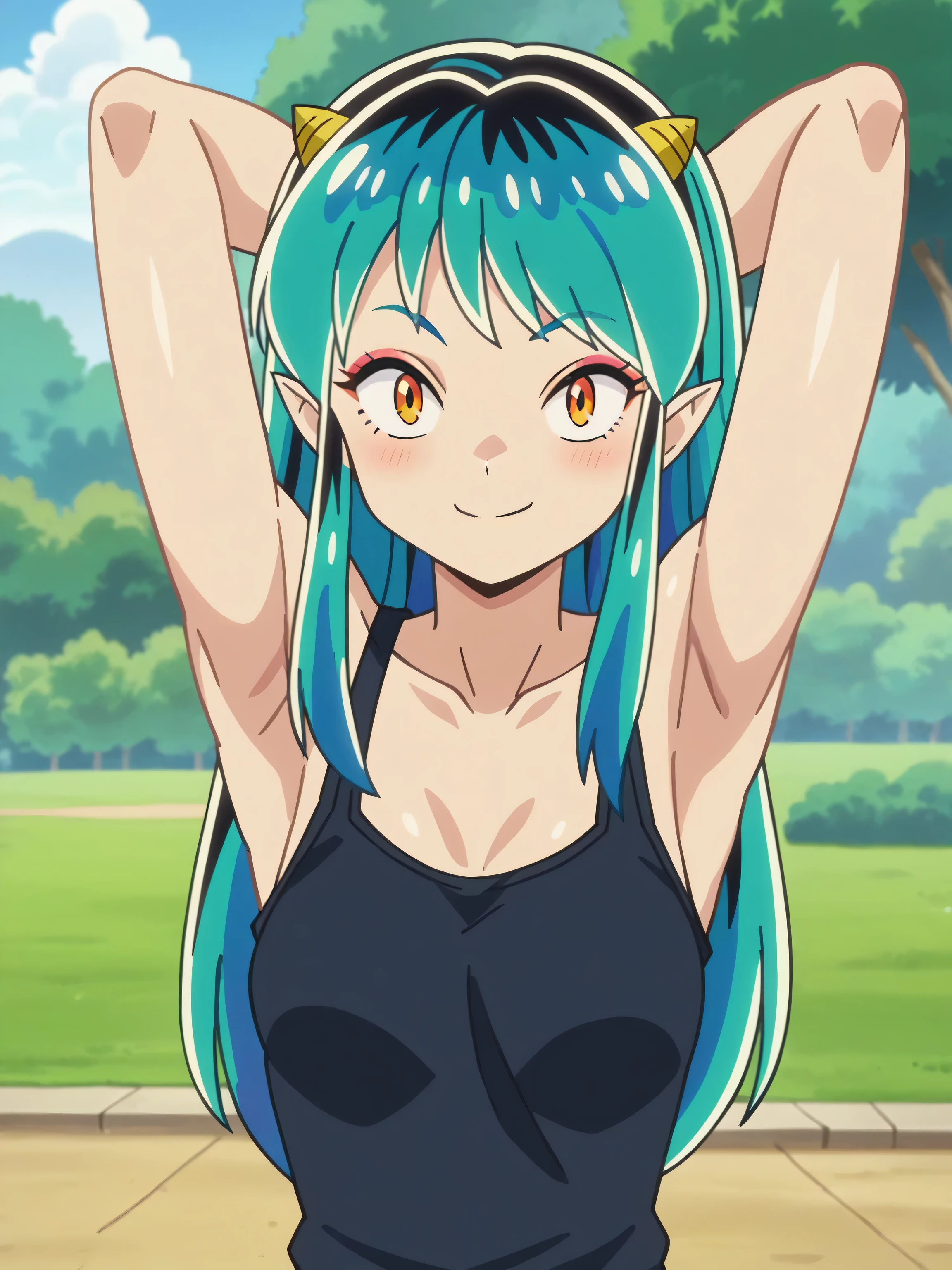 score_9, score_8_up, score_7_up, source_anime, anime screencap, outdoors, day, park, 1girl, solo, lum, long hair, bangs, blue hair, orange eyes, horns, pointy ears, aqua hair, oni horns, eyeshadow, tank top, black tank top, collarbone, looking at viewer, eye contact with viewer, seducing smile, (smug:0.8), light blush, closed mouth, arms behind head, armpits, shiny skin, shiny hair, medium breasts 