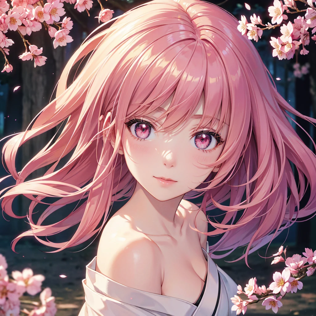 closeup of goddess of cherry tree, sakura, pink eyes, long pink hair, (naked), pink petals flying in he wind, sunshine