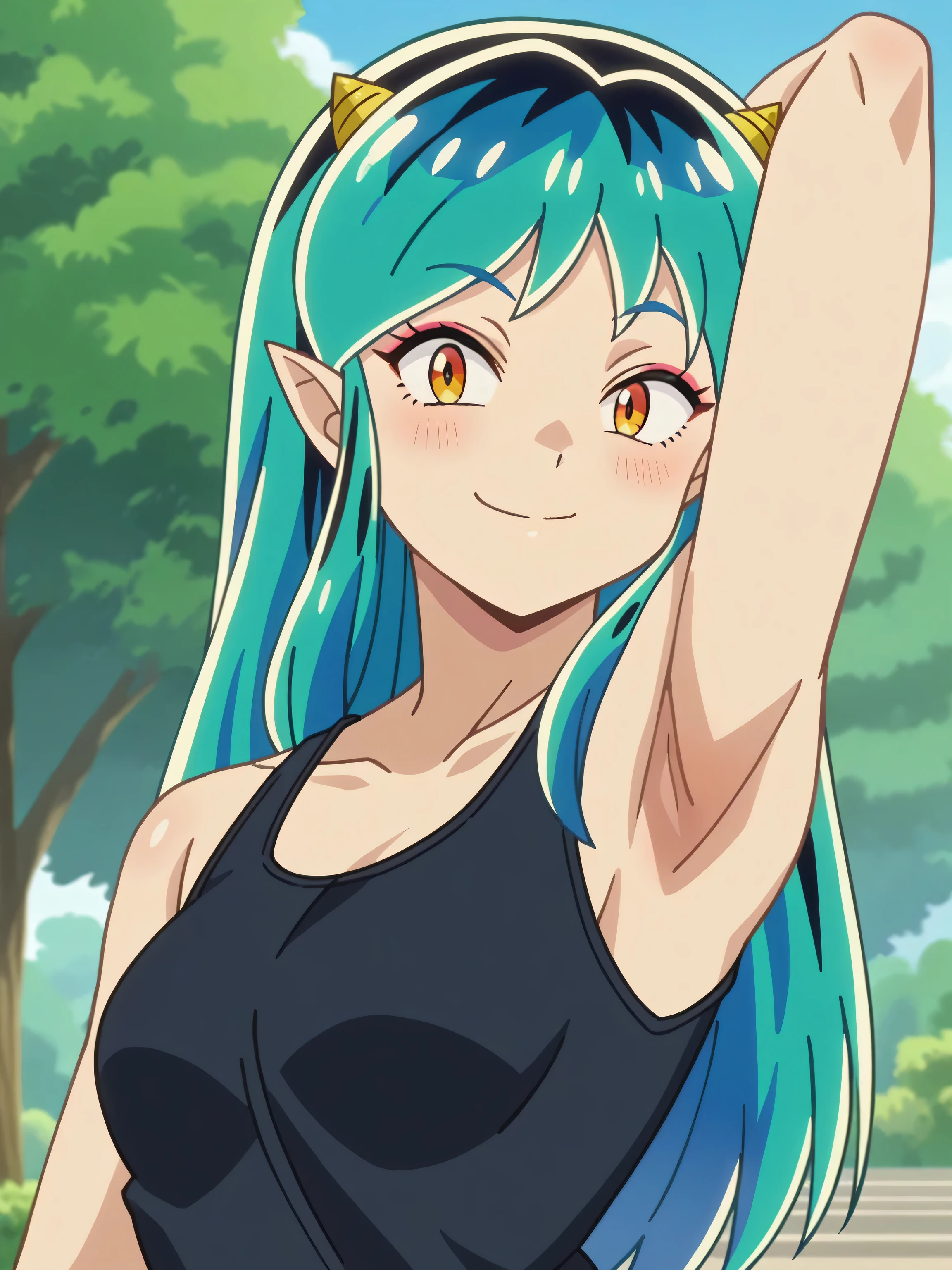 score_9, score_8_up, score_7_up, source_anime, anime screencap, outdoors, day, park, 1girl, solo, lum, long hair, bangs, blue hair, orange eyes, horns, pointy ears, aqua hair, oni horns, eyeshadow, tank top, black tank top, collarbone, looking at viewer, eye contact with viewer, seducing smile, (smug:0.8), light blush, closed mouth, arms behind head, armpits, shiny skin, shiny hair, medium breasts 