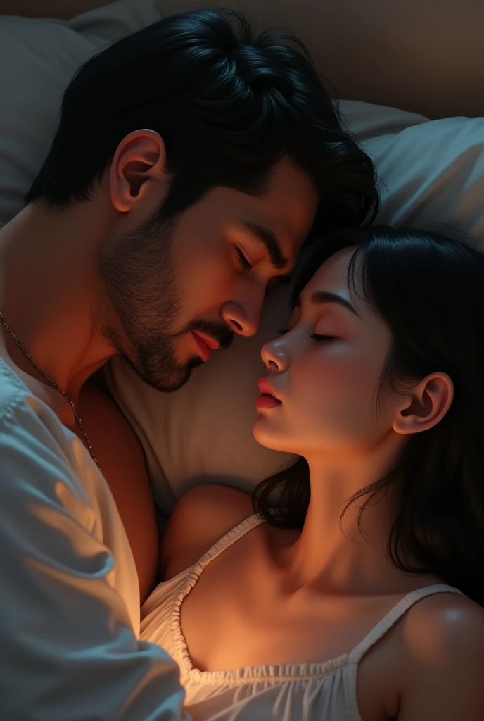 photoanimated, a couple in a bed, the girl has black hair AND the boy is handsome