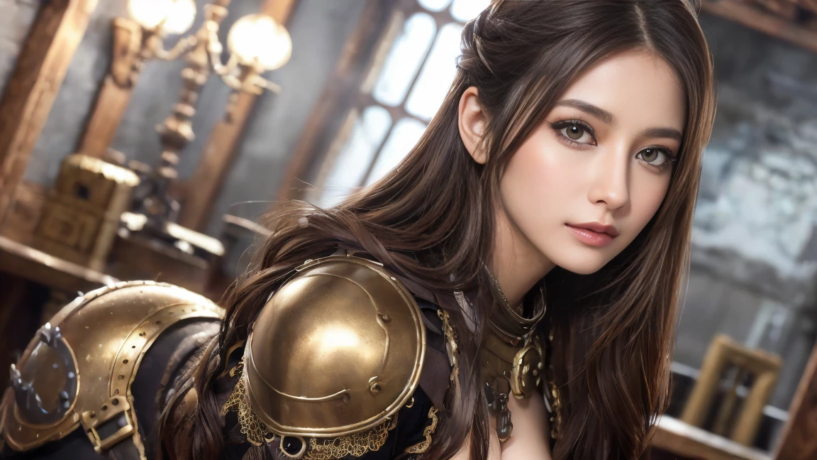 ((masterpiece, Highest quality, High resolution, 8K wallpaper incorporating highly detailed CG,Super detailed)), (Huge and stunning goddess shot, Very hot and sexy, Incredible beauty, Perfect Proportions, Beautiful body, The beauty of a glamorous body:1.3)、Japanese、Mature Woman、Beautiful Face、Beauty、Beauty、Cute woman、Alluring、Super big breasts、Cute eyes、Detailed Eyes、Brown eyes、Long eyelashes、Brown Hair、steampunk、armor、armor、Helmet、pocket、Disaster preparedness supplies、Disaster prevention training