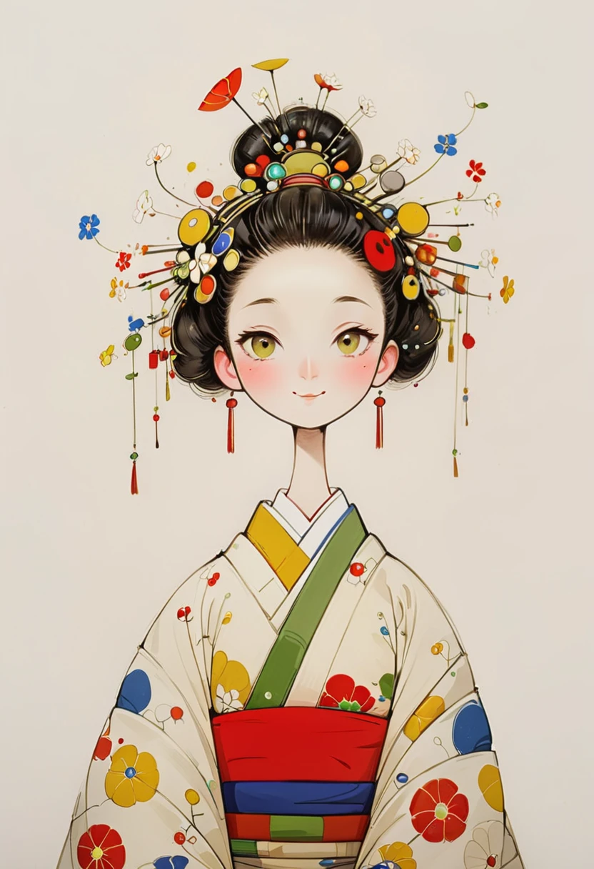 8K, top-quality, hight resolution, Bauhaus, shapes, lines, abstract, Bishoujo 1 2, Flower steamed buns,A slight smil, (traditional Japanese kimono:1.3)、Luxury kimono、no wrinkles at all,watercolor paiting, (Flower hair ornament:1.3), Bauhaus, shapes, lines, abstract, style of studio ghibli hayao Miyazaki