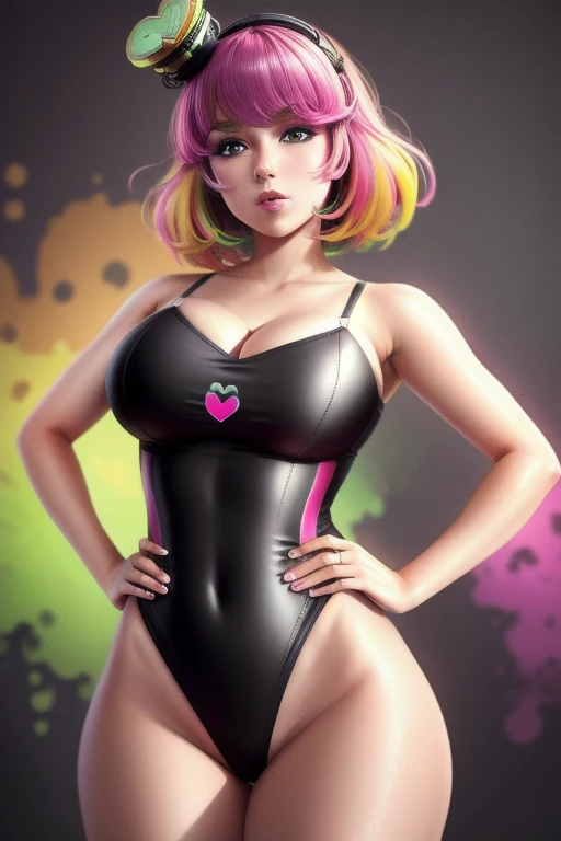 ((masterpiece)), (best quality:1.7), (detailed:1.4), (high res:1.4), 8k, (colorful:1.5), 2d, high resolution, sharped image, 4k, hd, poppi(kamen rider), 1girl, (((solo))), pink hair, pink eyes, dress, thighs, medium breasts, hair ornament, hands on own hips, bare thighs, bare arms, hat, heart, bra,black high leg swimsuit