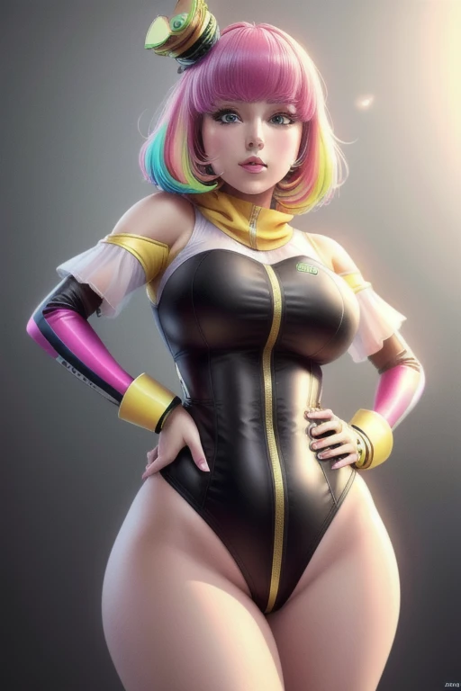 ((masterpiece)), (best quality:1.7), (detailed:1.4), (high res:1.4), 8k, (colorful:1.5), 2d, high resolution, sharped image, 4k, hd, poppi(kamen rider), 1girl, (((solo))), pink hair, pink eyes, dress, thighs, medium breasts, hair ornament, hands on own hips, bare thighs, bare arms, hat, heart, bra,black high leg swimsuit