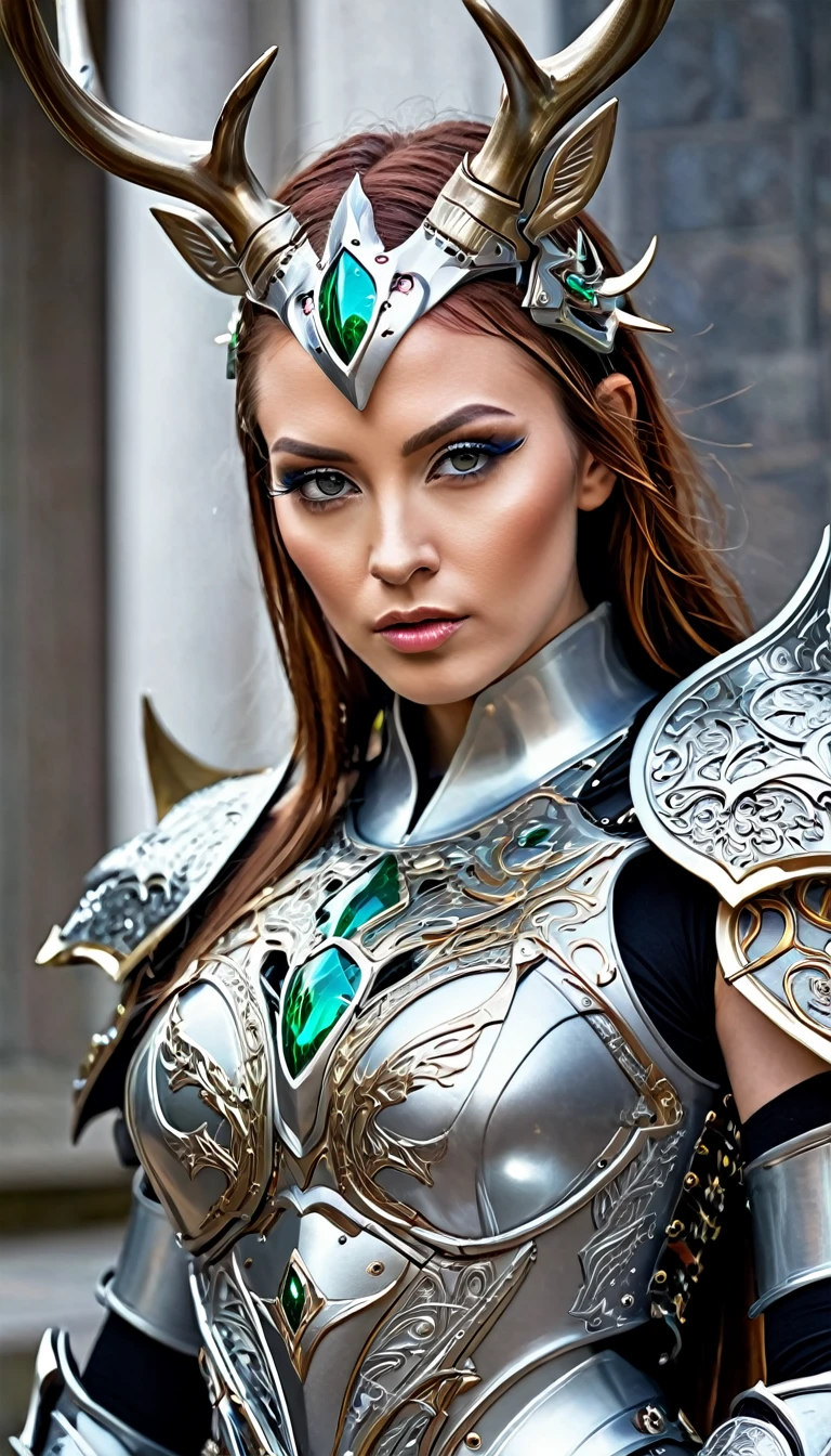 a close up of a woman in a costume with a deer head, ornate cosplay, armor girl, stunning armor, cyberpunk robotic elvish queen, wearing witchblade armor, beautiful armor, cosplay, porcelain cyborg armor, wearing fantasy armor, fantasy armor, very stylish fantasy armor, covered in full metal armor, cyborg fashion model, hyperdetailed fantasy character, scandelous fantasy armor