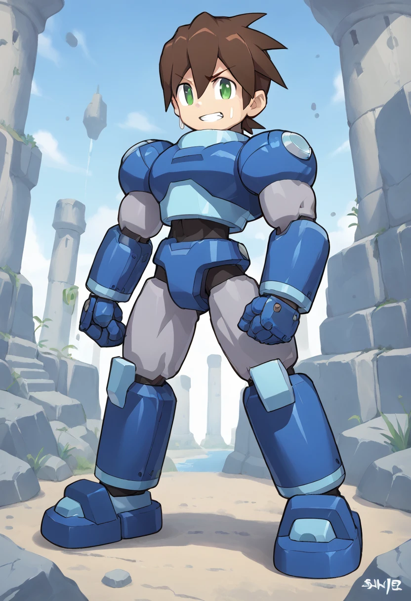 Highest quality,RAW Photos,Professional Art Works,m3g4m4n,Blue Armor,Muscular,Brown Hair, boy,Chibi,male focus, brown hair, green eyes, 独奏, android, hair between eyes,Ancient ruins with floating red and green crystals,Crying face,(((Huge muscles,Huge erect penis,Have sex with another Megaman))),Excessive sweating and drooling,Massive 