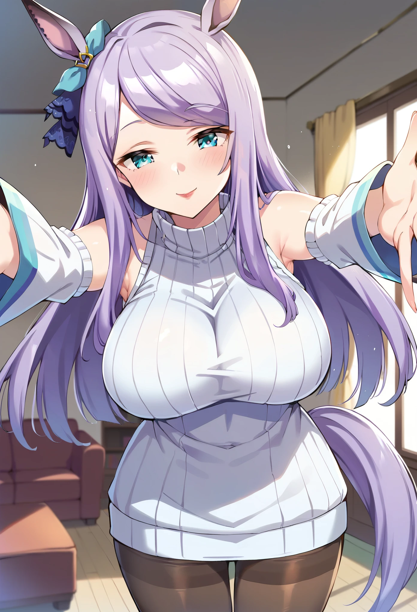 masterpiece, score_9, score_8_up, score_7_up, source_anime, best quality, extremely detailed, 1girl, milf, solo, mejiro mcqueen \(umamusume\), (large breasts:1.9), ((((purple hair), long hair, aqua eyes, horse ears, horse tail, half-closed eyes))), red lips, (((sleeveless sweater, detached sleeves, pantyhose))), ((blush, light smile), closed mouth), ((motherly, beckoning, outstretched arms, living room))