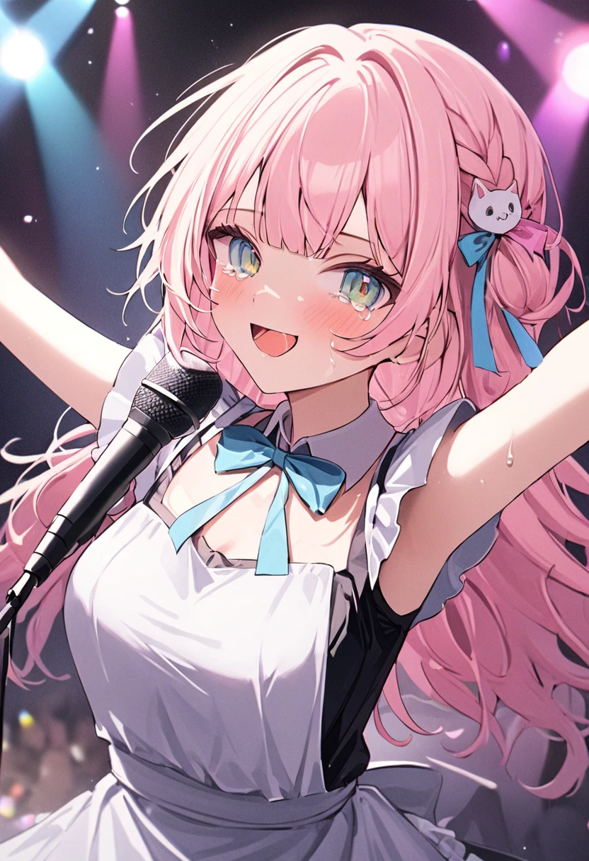 aagawrgura,live,Sing a song,Tears of joy,microphone,Spread your arms,fun,Penlight,Penlight in the background,1girl, hololive, pastel colors, maid,happy,Retirement,bright,Light Masterpiece, best quality, newest, very aesthetic, absurdres, absolutely resolution, ultra detailed, 8k, super fine illustration, highly detailed beautiful face and eyes, perfect anatomy, professional lighting