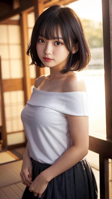 one woman,shirt,thong,spread legs,posing,,plump body,cute face,beautiful face,double eyelid,glare at,short hair,black hair,black eyes,from below,evening,shinto shrine,mysterious,high quality,photorealistic,japanese,beautiful woman,boyish,gravure,fashionable,fashion model