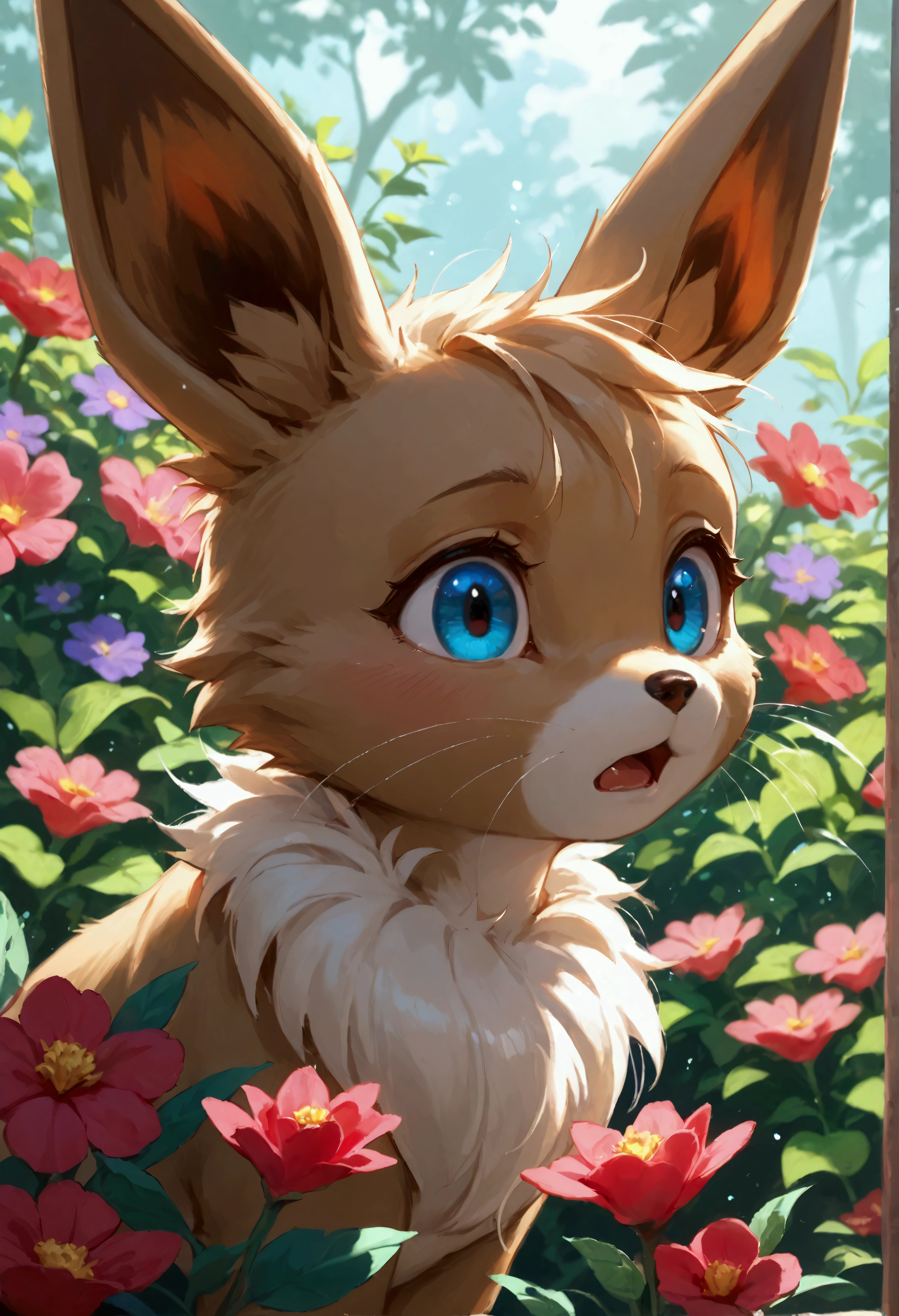 score_9, score_8_up, score_7_up, close-up, Eevee, startled by a sudden noise, vibrant flower garden, wide-eyed and alert expression.