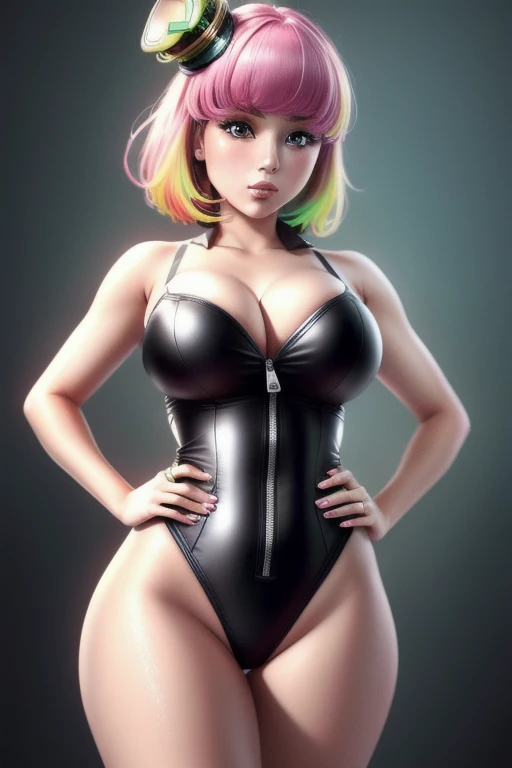 ((masterpiece)), (best quality:1.7), (detailed:1.4), (high res:1.4), 8k, (colorful:1.5), 2d, high resolution, sharped image, 4k, hd, poppi(kamen rider), 1girl, (((solo))), pink hair, pink eyes, dress, thighs, medium breasts, hair ornament, hands on own hips, bare thighs, bare arms, hat, heart, bra,black high leg swimsuit