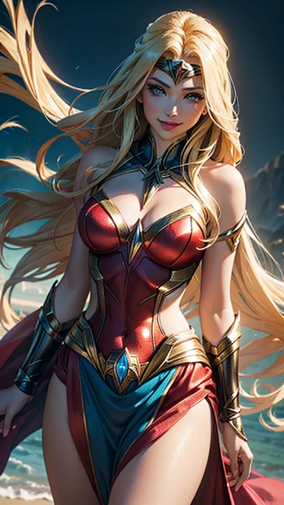 (Best Quality,ultra detailed,photorealistic:1.37),bright and vibrant colors,studio lighting,playful expression,Elegant makeup,long blonde hair blowing in the wind,seductive eyes,bright lips,pose sexy, DC Justice League, site, smiling in a confident and seductive way,posing for a professional photo shoot,shallow depth of field,highlighting the main theme,soft natural lighting,creating a dreamy and magical atmosphere.
