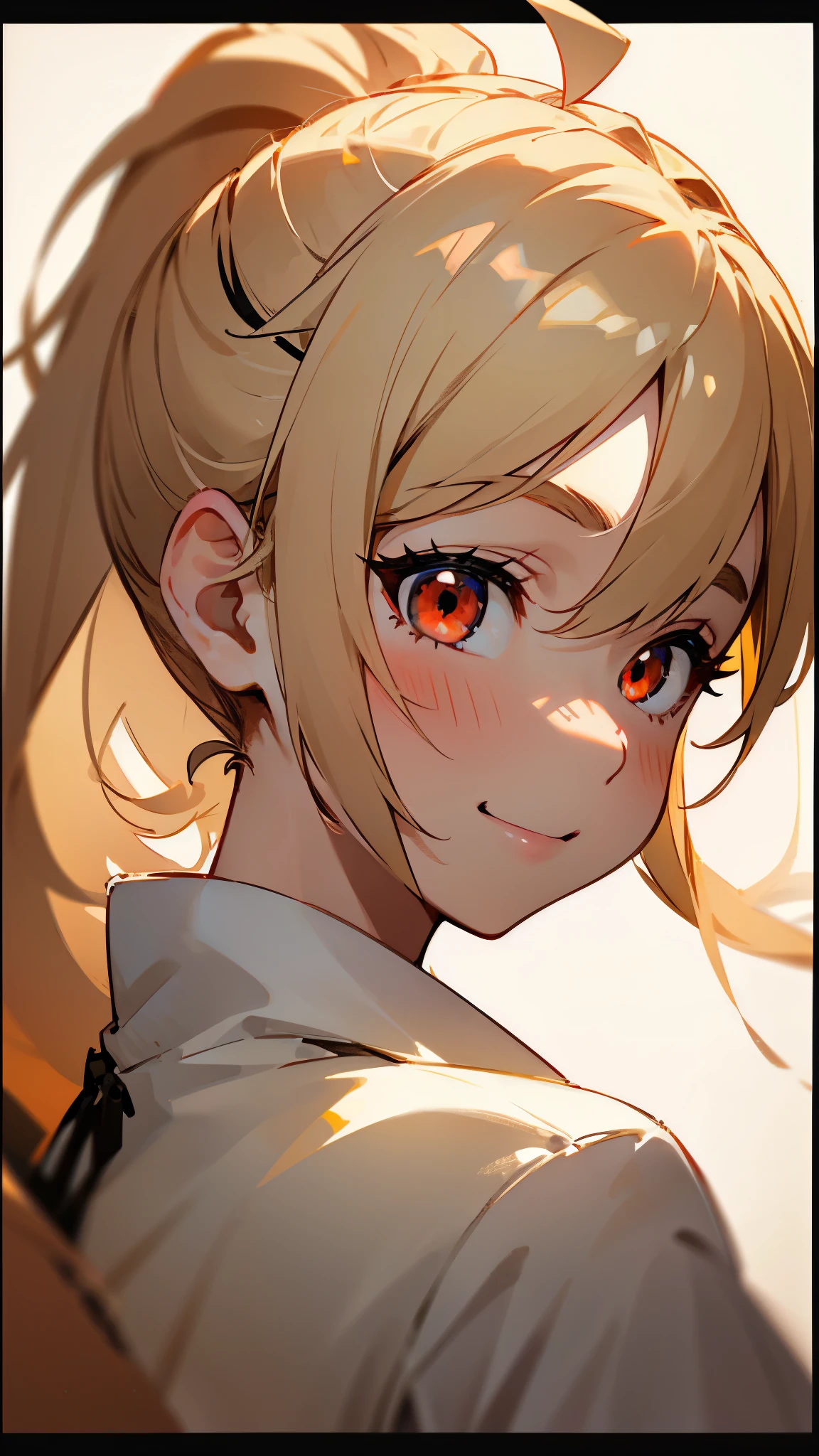 masutepiece, Best Quality, High resolution, Perfect Pixel, depth of fields, 4K, nffsw, nffsw, 1girl in, 独奏, beautiful anime girl, Beautiful Art Style, Anime Character, Blonde ponytail、Ahoge, big round red eyes:1.4, Beautiful eyes drawn down to the smallest detail, Perfect eyes,Curly eyelashes, Realistic eyes, Detailed face, Blushing:1.2, Anime CG style, Smile, Laugh,Under the sunset sky