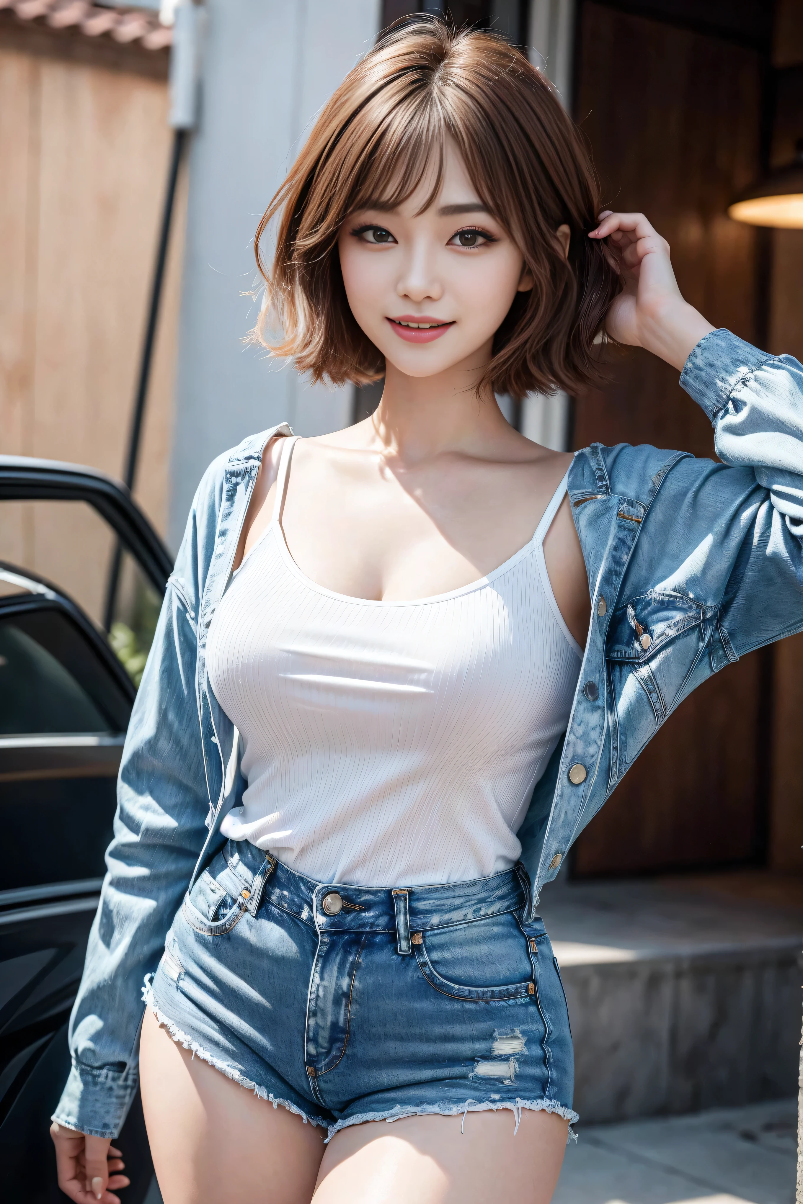 a nijigirl with bunny - ears <lora:nijilorabunny:0.75>
wearing techwear jacket and jeans, milky bob cut, big warm smile, (surprised face), a huge diamond necklace, posing, big beautiful cobalt ODD eyes, large breasts, carrying a backpack, very detailed