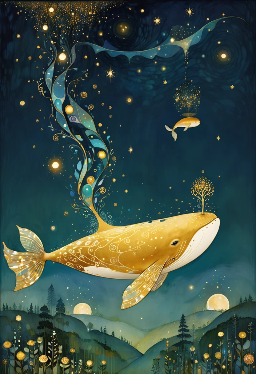 there are two golden song whales flying over a forest, glimmering golden whales, sky whales, golden particles in the starry night, under a sea of stars, high quality illustration, by Gustav Klimt