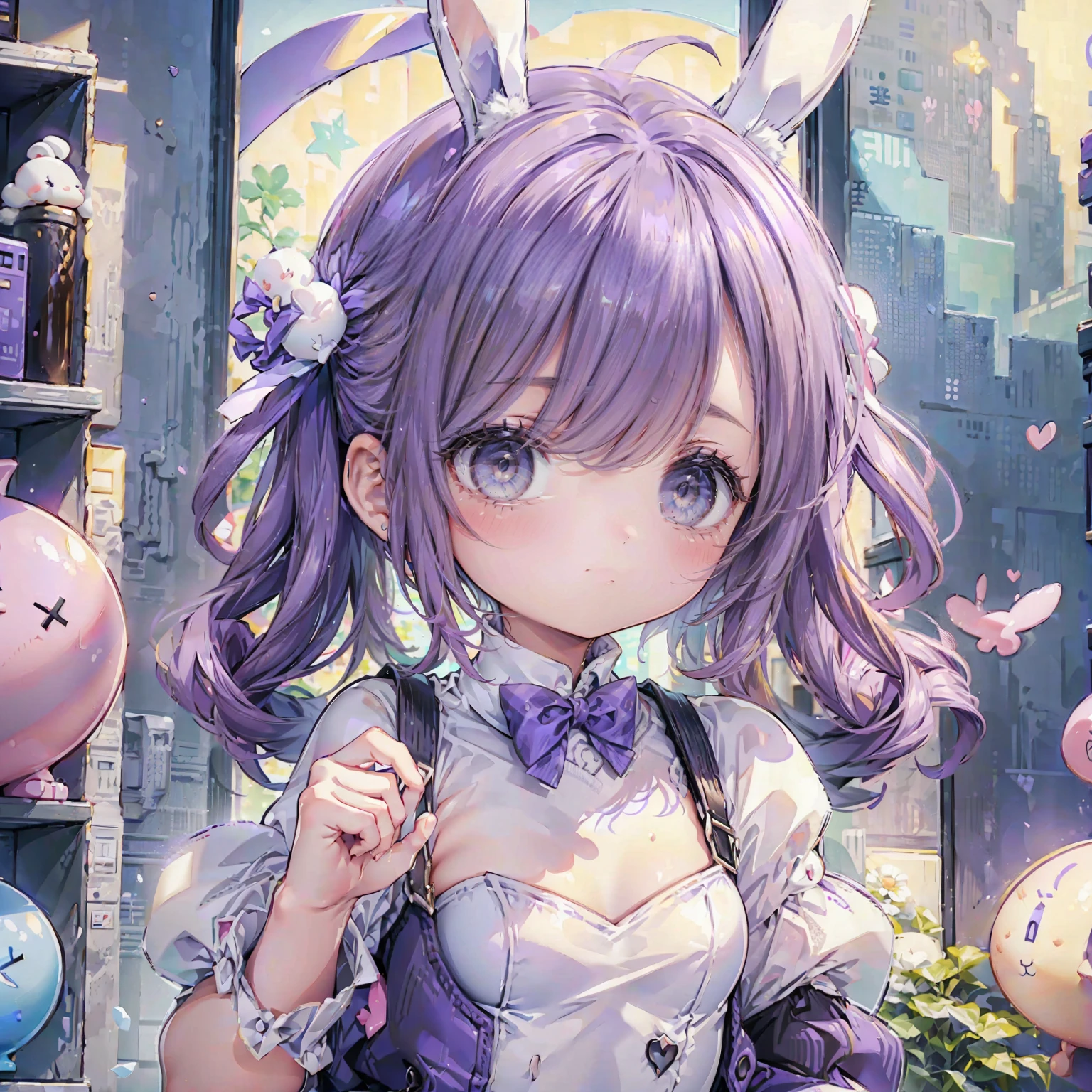 1 person、girl、cute、Small bunny girl、bunny ears、color palette(purple、white、)