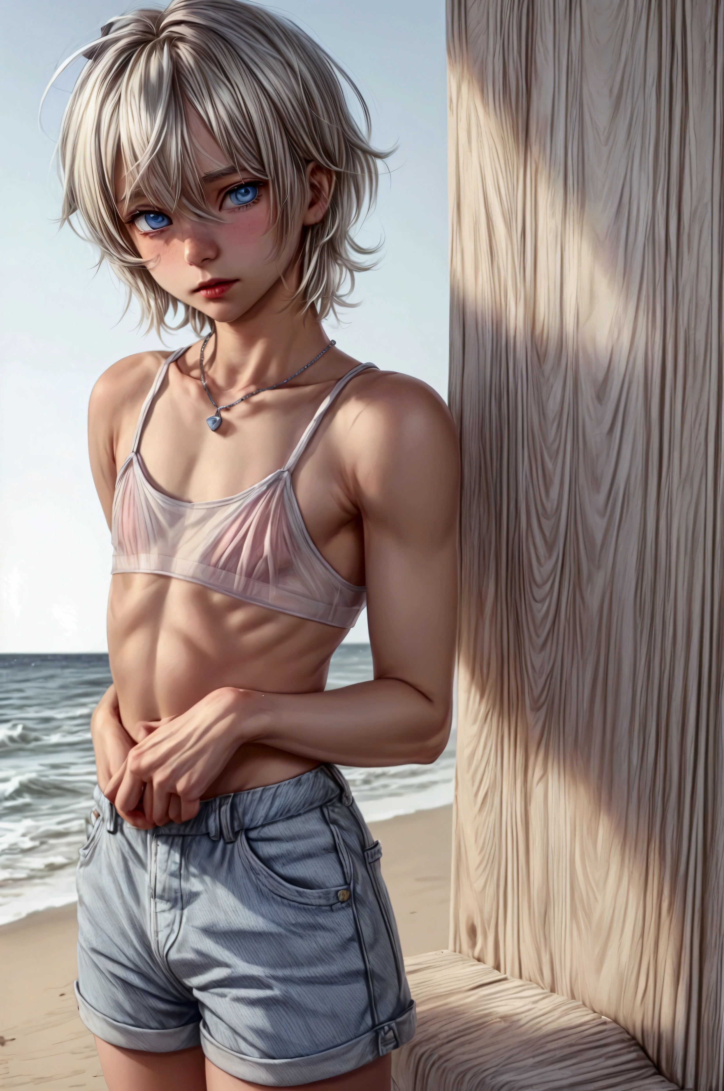 Anime style, Highres, Masterpiece, Best quality at best, Best Quality, hight quality, hight detailed, 1boy, (), boy, blonde boy, blond Hair, perfect boy body, cute boy, detailed light blue eyes, detailed eyes, short hair, messy hair, pastel rainbow inner hair color mesh, Neutral Facial Features, boy flirty posing, wears a too short unicorn color transparent cami tank top, without breasts, silver necklace with a pastel pink heart, boy chest, too very short mini blue jean short, beautiful long legs, hot summer sunset on the beach, highest quality,