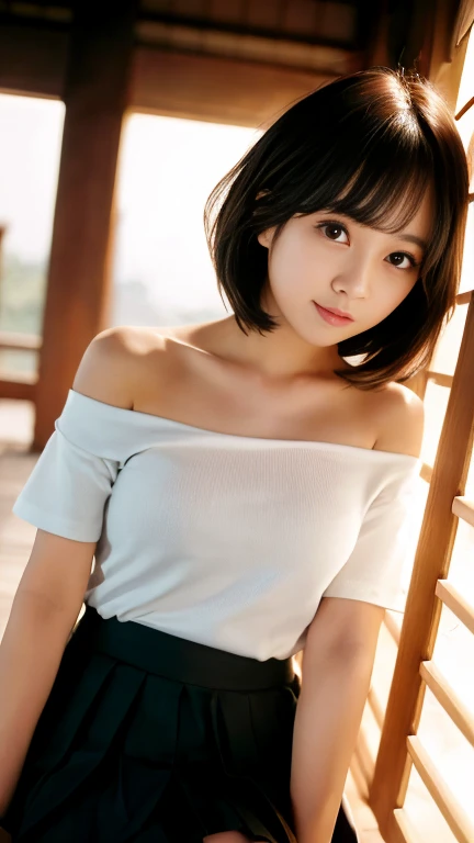 highest quality, 8K, 10 years old, young girl、primary school student、Ten generations,,RAW photo, absurd, (t-shirt), bent over, smile, alone, idol face, delicate girl, delicate、thin legs、Digital single-lens reflex camera, looking at the viewer, Frank, Sophisticated, thin arms, professional lighting, film grain, chromatic aberration, (Eye and face details:1.0), distant view abandoned house , close your mouth , black haired , {flat breasts}, French braid, ((downblouse))