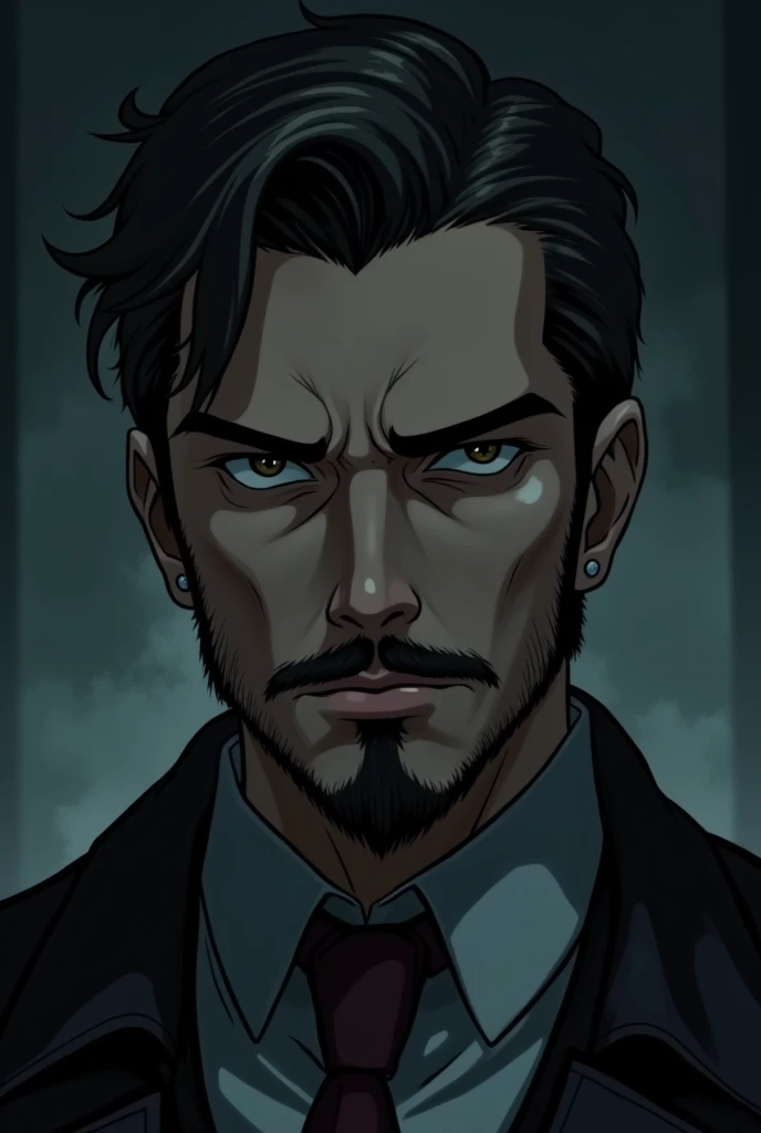 Hand-drawn cel animation, anime, Castlevania on Netflix, candid, full body shot, ChristopherLee_Dracula, vampire, red eyes, fangs:1.2, goatee, open mouth, highly detailed, Frederator Studios, villainous <lora:ChristopherLee_Dracula_v1:0.9> <lora:XenoDetailer_v2:0.1>