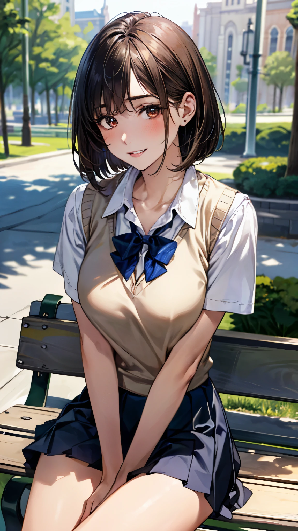 Best Quality, High resolution, Unity 8k壁纸, (Illustration:0.8), Perfect Lighting, extremely details CG, (Perfect hands, Perfect Anatomy),masutepiece, Best Quality, hight resolution, nffsw, Short hair, hair clips, Large breasts, grey sweater, black sailor collar, Yellow neckerchief, Black skirt, Standing, Cowboy Shot, Outdoors、A smile、、(Skirt lift:1.3), (Pink panty:1.3)、(Skirt that rolls up:1.3)、(Fully exposed panties:1.5)、red blush、embarrassed from、