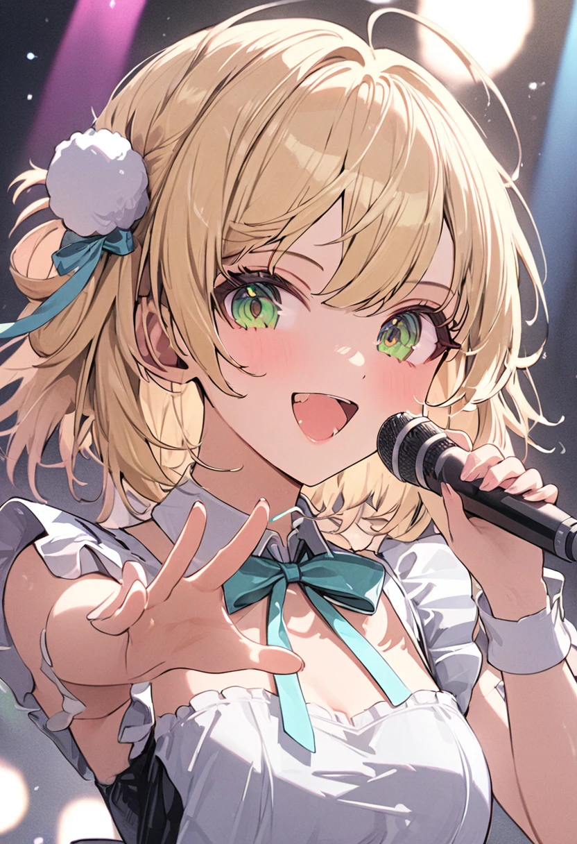 aashigure,live,Sing a song,microphone,Spread your arms,short blonde hair,green eyes,fun,Penlight,Penlight in the background,1girl, hololive, pastel colors, maid,happy,Retirement,bright,Light Masterpiece, best quality, newest, very aesthetic, absurdres, absolutely resolution, ultra detailed, 8k, super fine illustration, highly detailed beautiful face and eyes, perfect anatomy, professional lighting, hair pompom