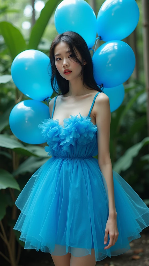 For the third set, Tina slipped into a sheer, baby blue babydoll nightgown. The garment was trimmed with delicate, satin ribbons, and it floated around her like a cloud as she moved. Tina posed on a wooden bridge that arched gracefully over the river, her arms outstretched as if she were about to take flight. In her hands, she held a bouquet of pastel-colored balloons, their strings dancing playfully in the wind.