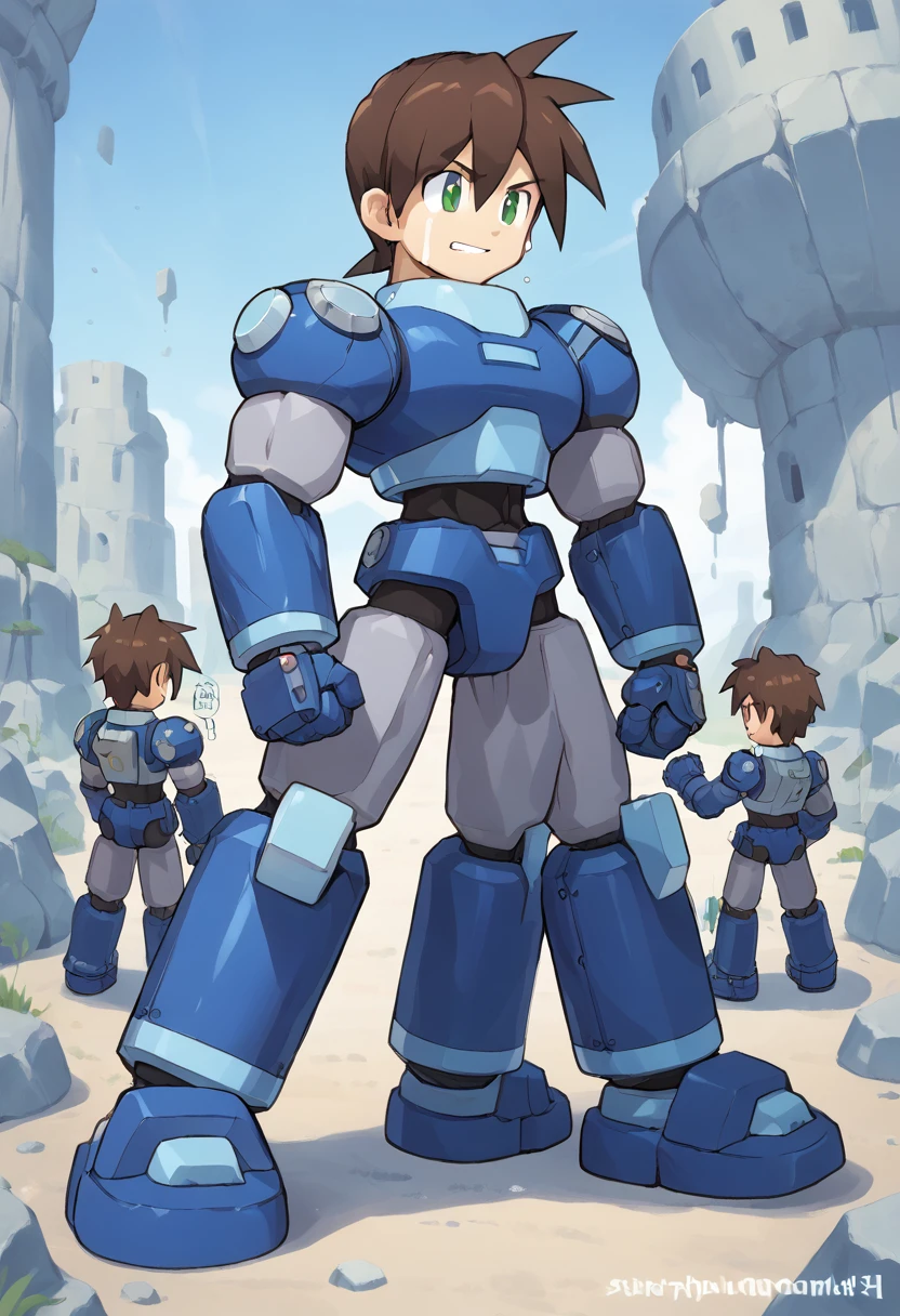 Highest quality,RAW Photos,Professional Art Works,m3g4m4n,Blue Armor,Muscular,Brown Hair, boy,Chibi,male focus, brown hair, green eyes, 独奏, android, hair between eyes,Ancient ruins with floating red and green crystals,Crying face,(((Huge muscles,Huge erect penis,Have sex with another Megaman))),Excessive sweating and drooling,Massive ,3boys