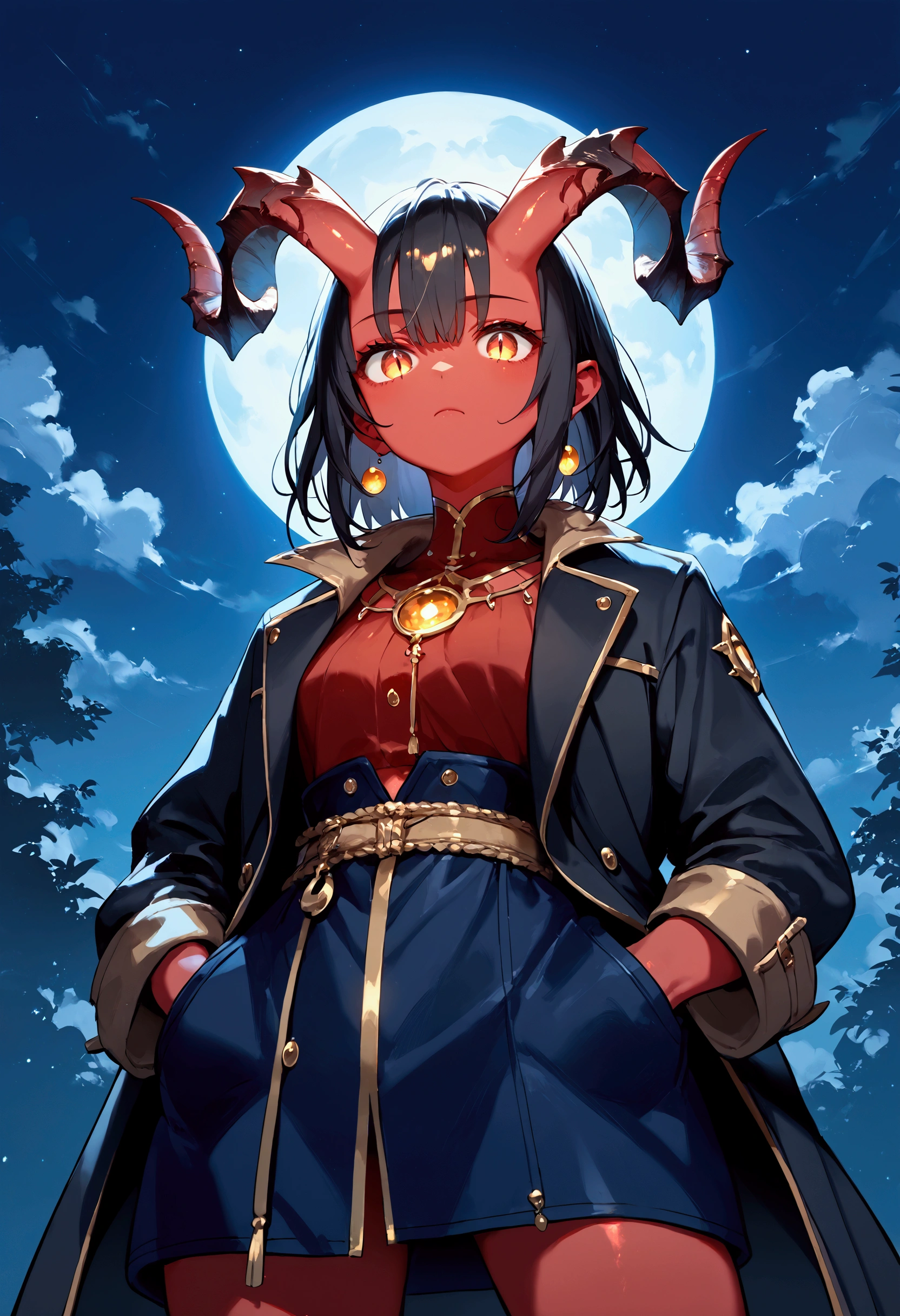 score_9, score_8_up, score_7_up, score_6_up, score_5_up, score_4_up,source_anime, source_furry,rating_safe, BREAK ,1girl\((red skin ogre\(great big horn\)),no clothes, long black hair, red slit eyes, long eyelashes,black trench coat\(long,(black:1.5)\), tanned skin, hands in pockets, lethargic face, dark circles under her eyes\) is looking down at viewer, many black feathers in the sky,golden hour,(very dark night:1.3),no light,(from below:0.5),detail1eye