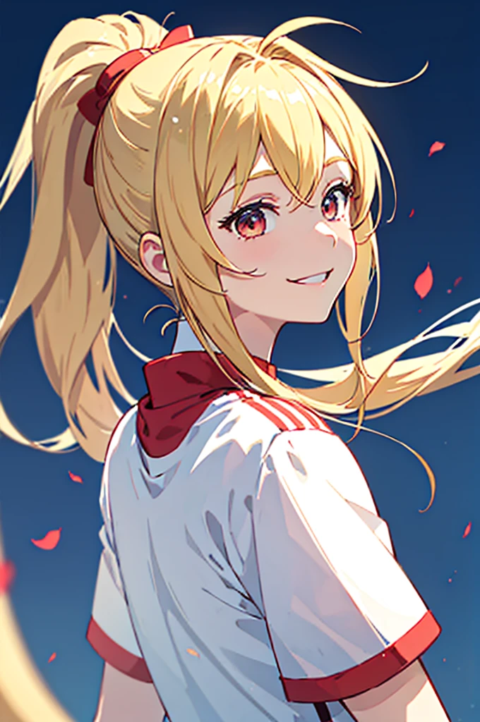 (first work, Better Quality: 1.2),1 girl、Blonde、Ponytail、Ahoge、Red round eyes、smile、smile、From the side、Upper body close-up、Sportswear、Soccer field、Delicate contours、Background Blur, The depth of the drawn border